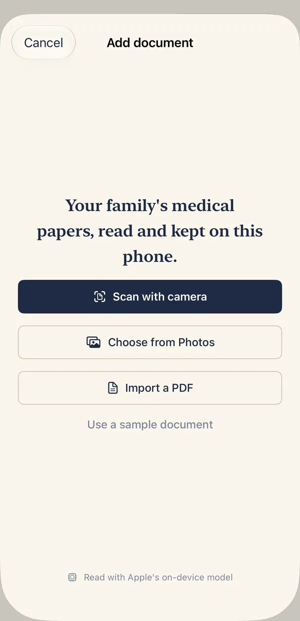 The screen for adding a paper by camera, Photos or PDF