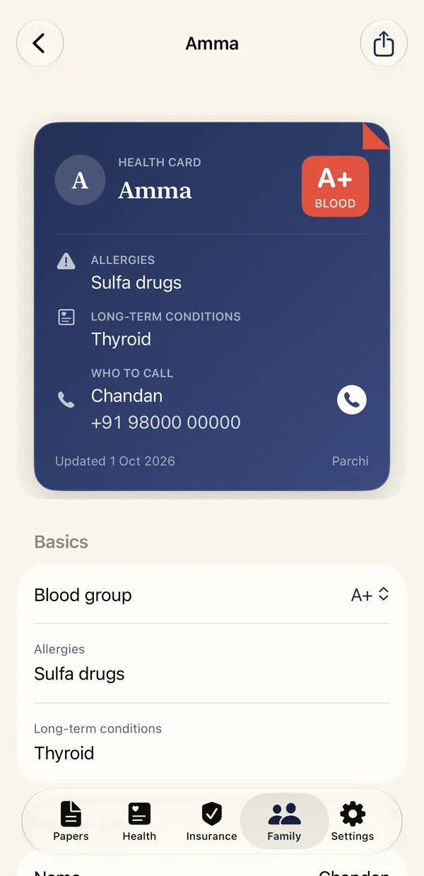 A health card with blood group, allergies and who to call