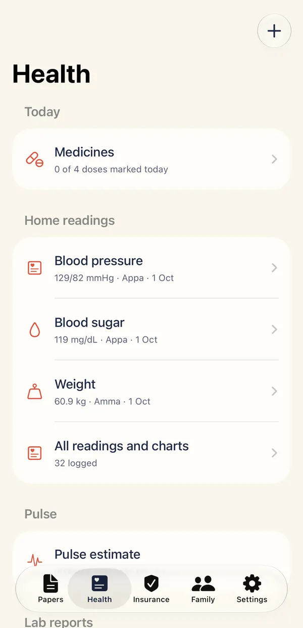 The Health tab, with today's medicines and home readings