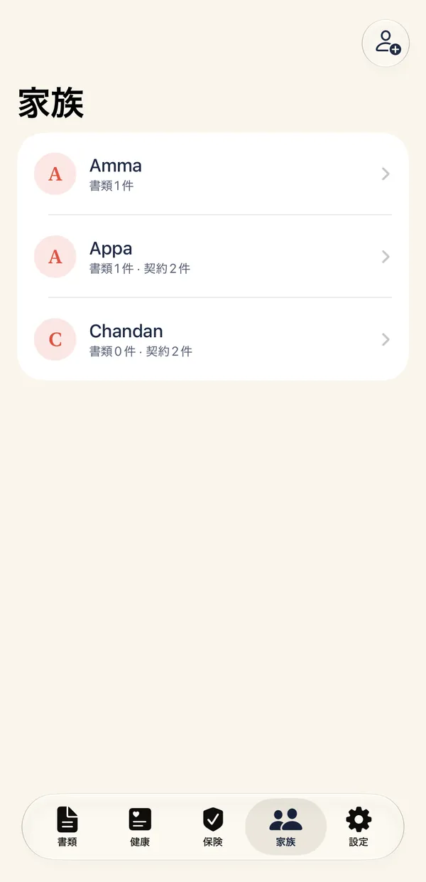 家族タブ。1人ごとの項目が並んでいます