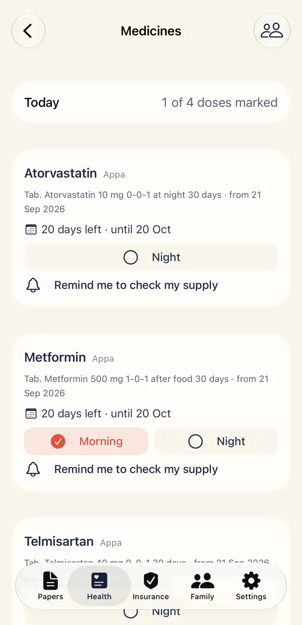 Medicines, with a dose ticked